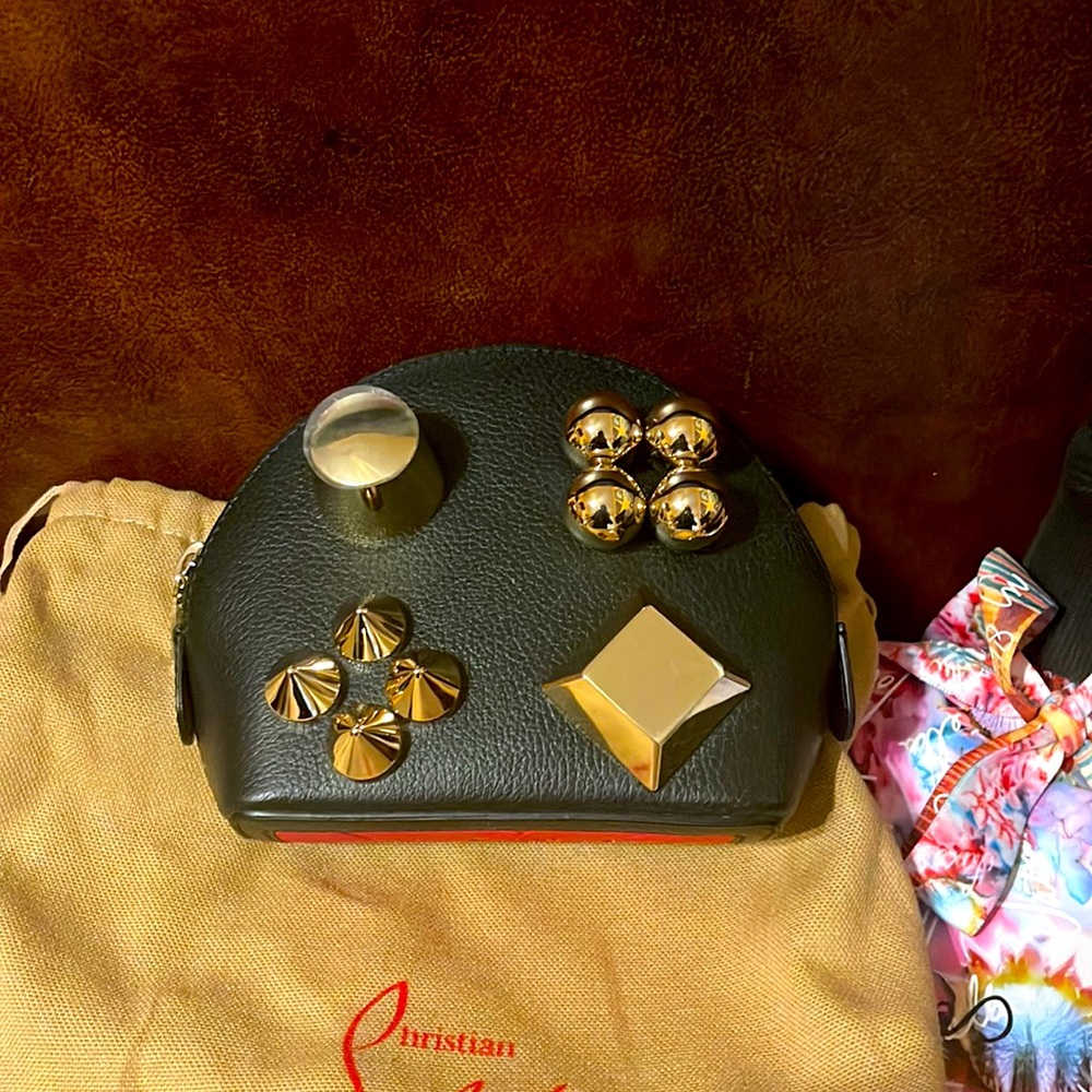 Christian Louboutin Carasky Black Gold color spike Calf Leather Cosmetic bag